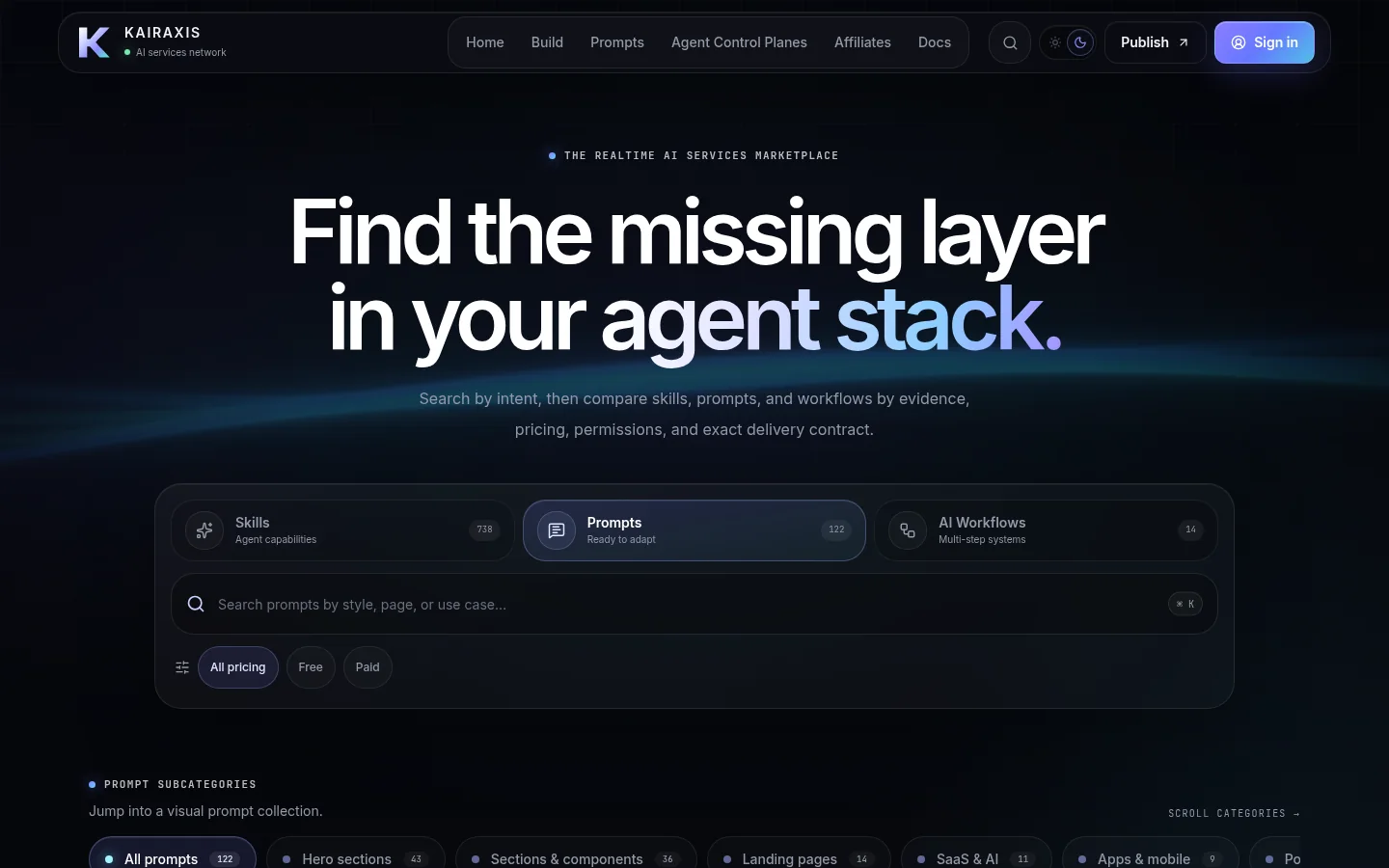 Kairaxis marketplace homepage showing intent-led discovery across AI skills, prompts and workflows