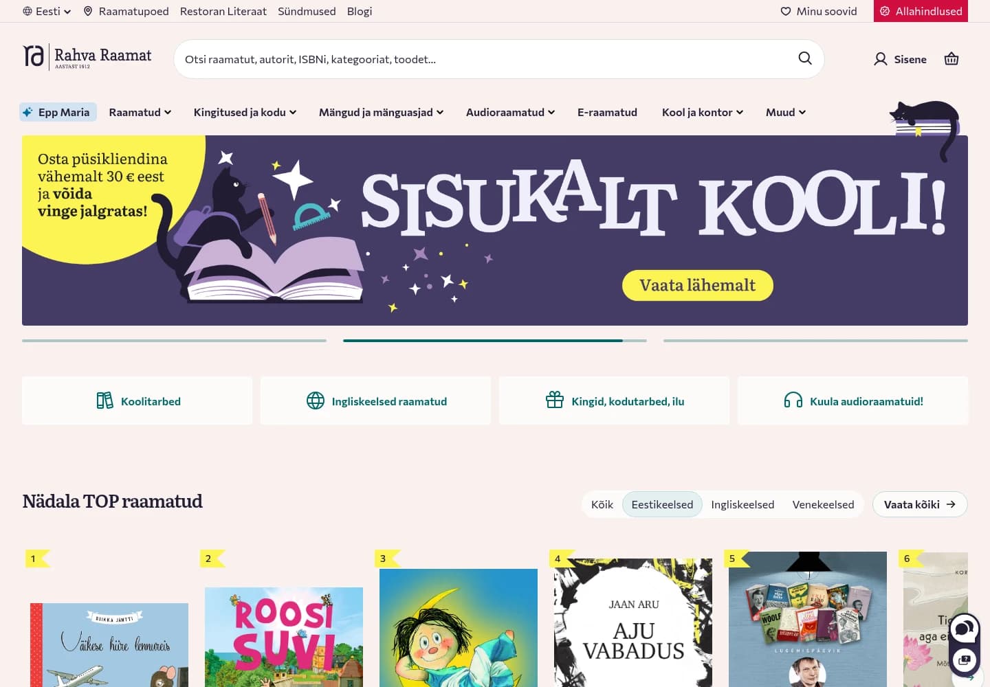Rahva Raamat homepage showing its storefront navigation, campaign banner, category shortcuts and book catalogue