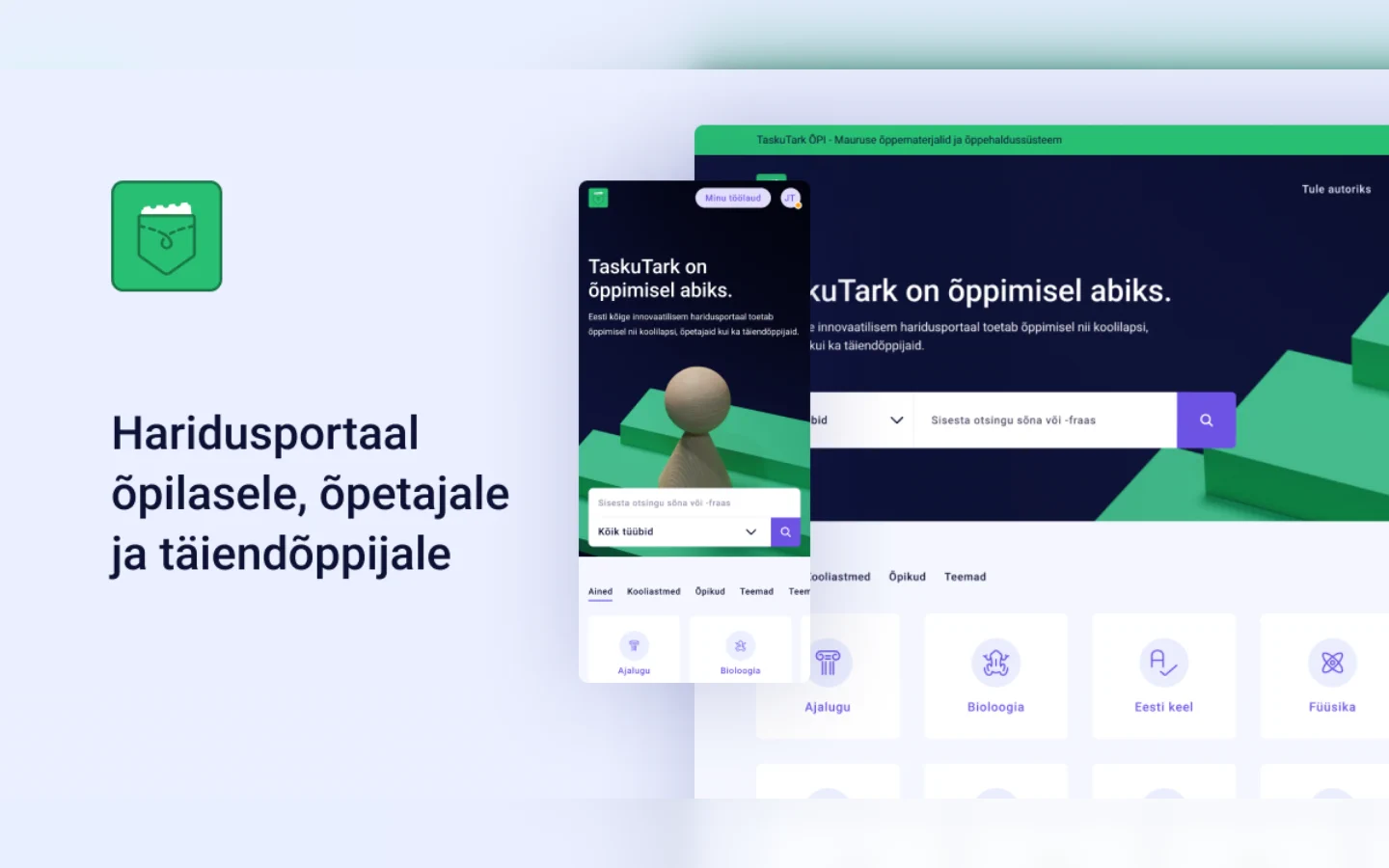 Official TaskuTark product visual showing desktop and mobile learning portal interfaces